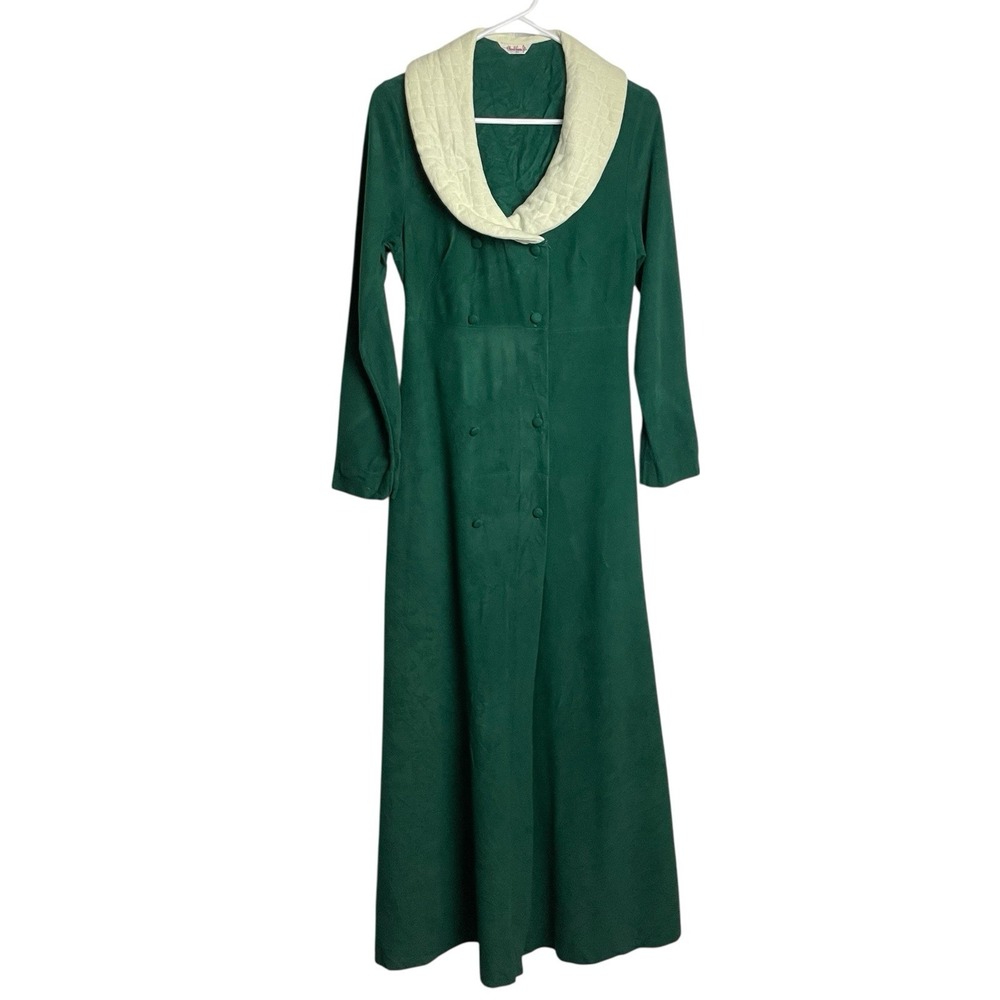 Vtg 1970s Cherri Lynn Jr Womens Long Robe Size S Green Velour Button Cottagecore